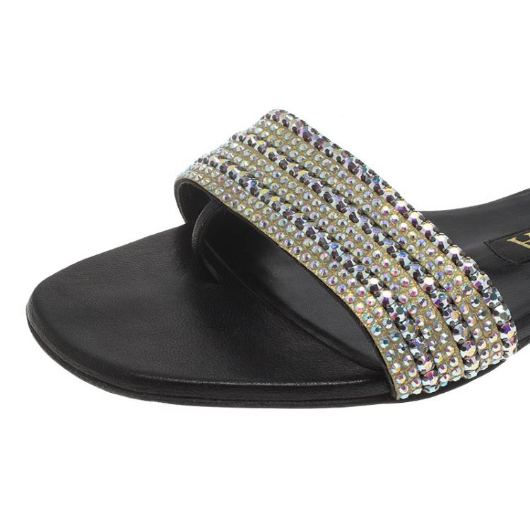 Pre Owned Gina Black Leather Embellished Flat Sandals Size 37.5