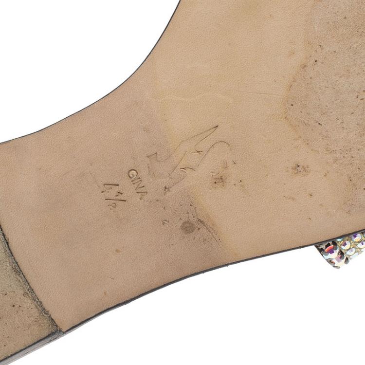 Pre Owned Gina Black Leather Embellished Flat Sandals Size 37.5