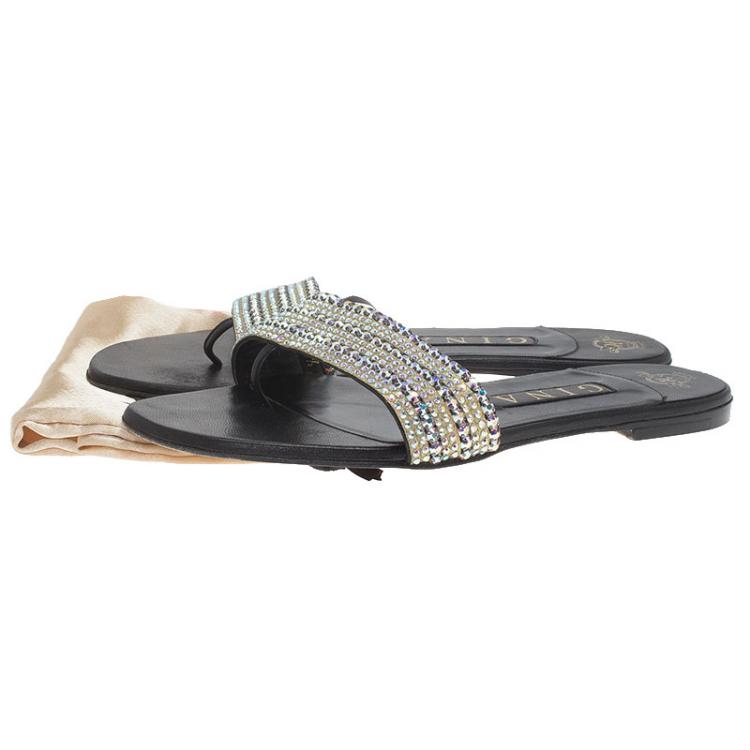 Pre Owned Gina Black Leather Embellished Flat Sandals Size 37.5