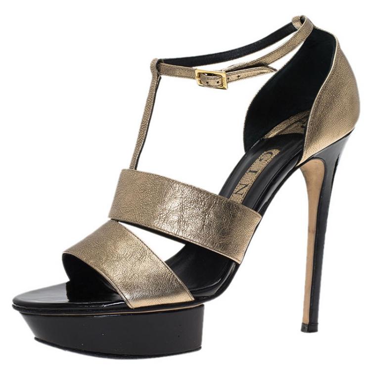 Pre Owned Gina Metallic Gold Leather T Strap Platform Sandals Size 38