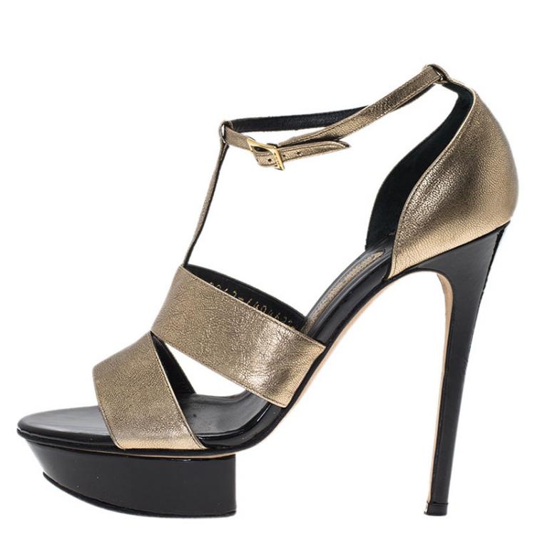 Pre Owned Gina Metallic Gold Leather T Strap Platform Sandals Size 38