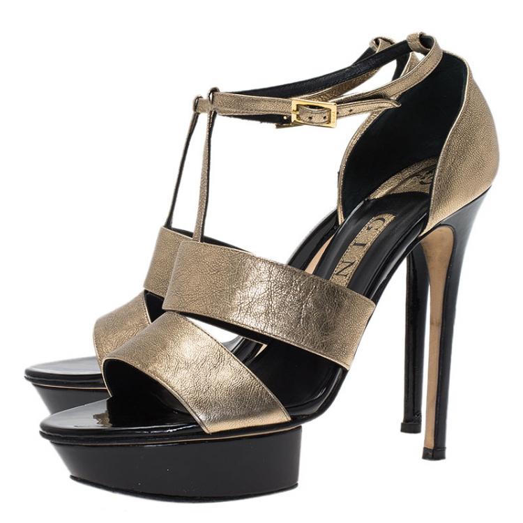 Pre Owned Gina Metallic Gold Leather T Strap Platform Sandals Size 38