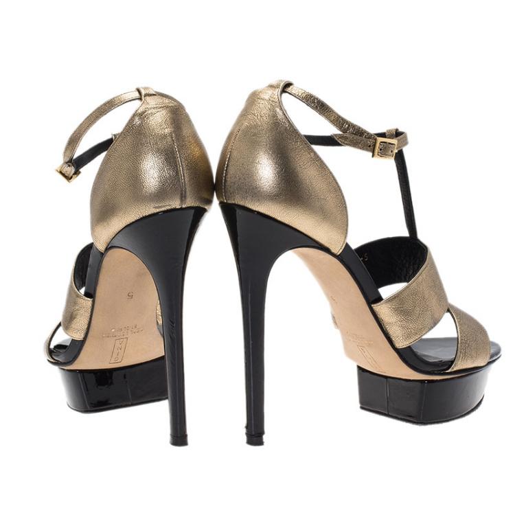 Pre Owned Gina Metallic Gold Leather T Strap Platform Sandals Size 38