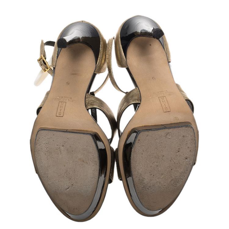 Pre Owned Gina Metallic Gold Leather T Strap Platform Sandals Size 38