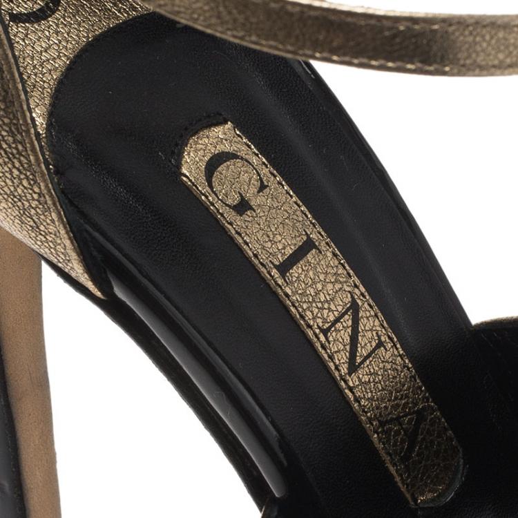 Pre Owned Gina Metallic Gold Leather T Strap Platform Sandals Size 38