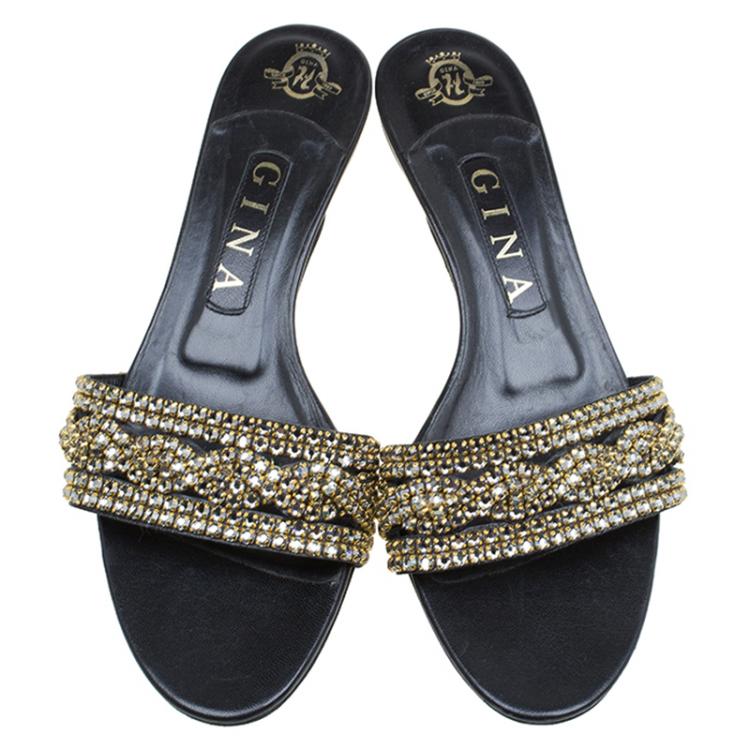 Pre Owned Gina Black Crystal Embellished Kitten Heel Slides Size 38