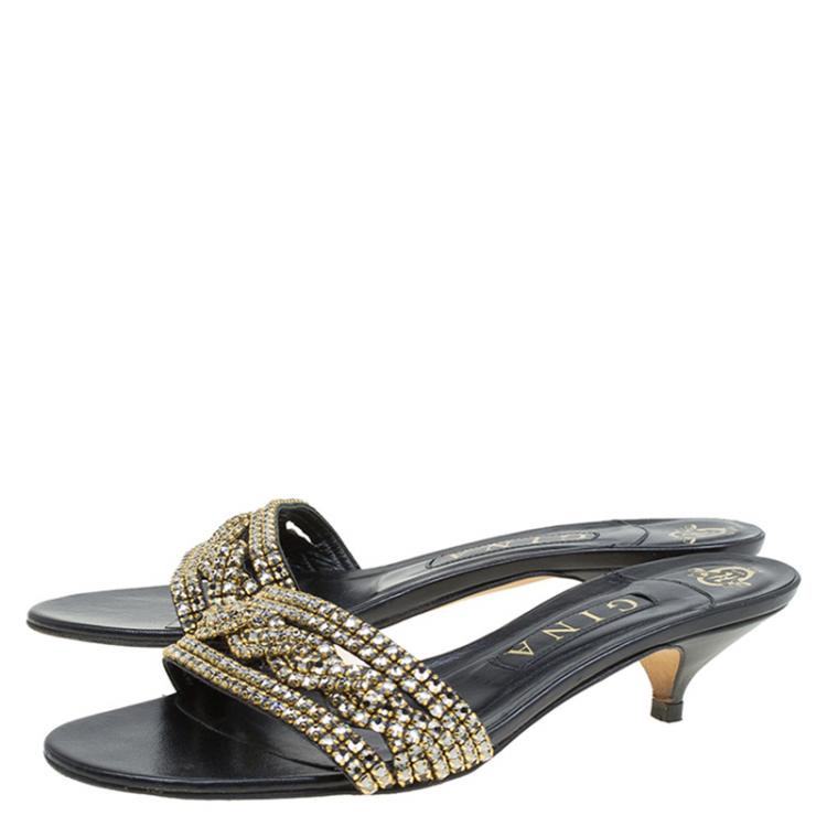 Pre Owned Gina Black Crystal Embellished Kitten Heel Slides Size 38