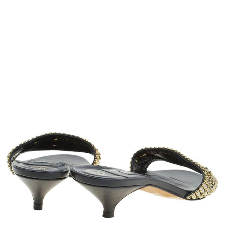 Pre Owned Gina Black Crystal Embellished Kitten Heel Slides Size 38