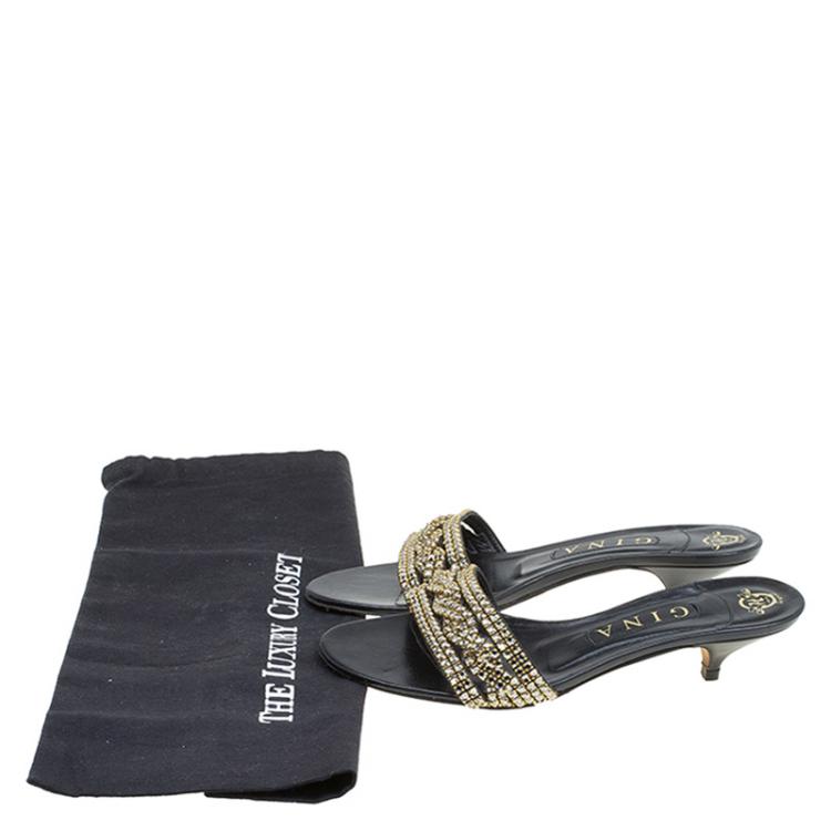 Pre Owned Gina Black Crystal Embellished Kitten Heel Slides Size 38