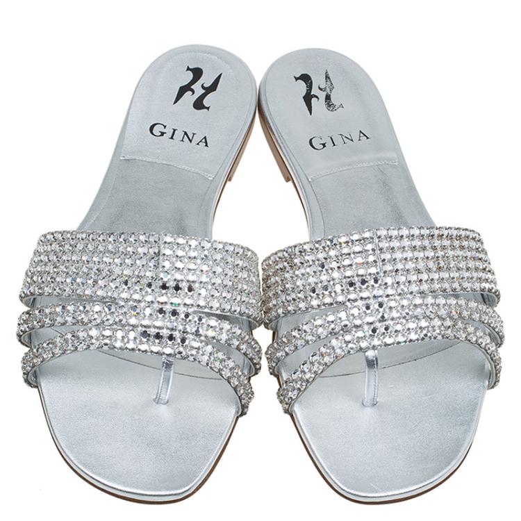 Pre Owned Gina Silver Crystal Embellished Flat Slides Size 38