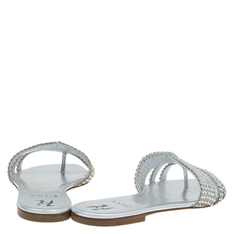 Pre Owned Gina Silver Crystal Embellished Flat Slides Size 38