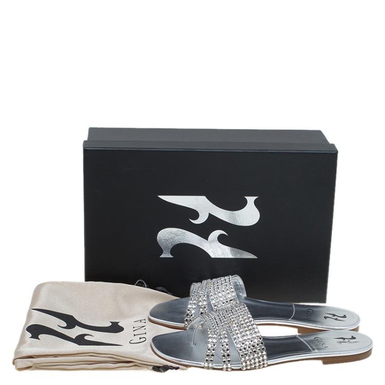 Pre Owned Gina Silver Crystal Embellished Flat Slides Size 38