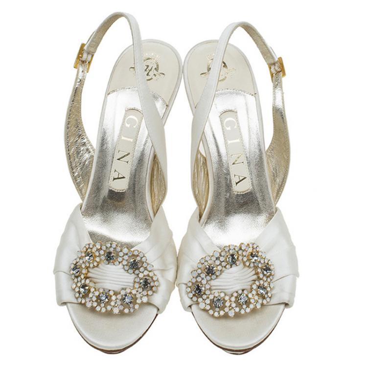 Pre Owned Gina Ivory Satin Embellished Platform Slingback Sandals Size 37