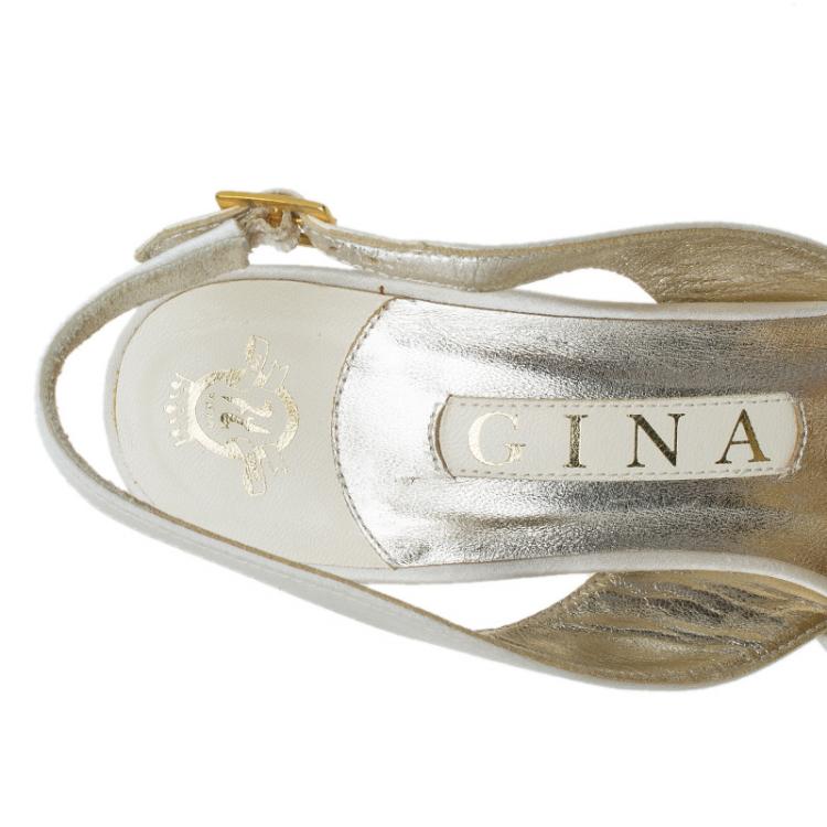Pre Owned Gina Ivory Satin Embellished Platform Slingback Sandals Size 37