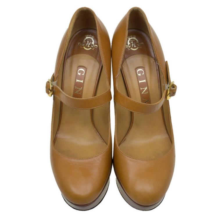 Pre Owned Gina Brown Leather Mary Jane Platform Pumps Size 38.5