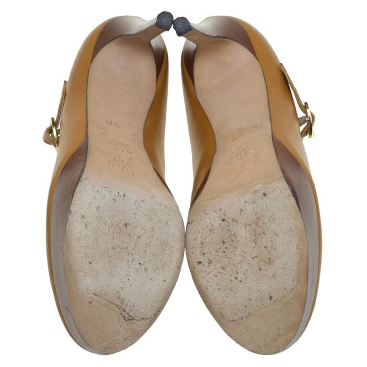Pre Owned Gina Brown Leather Mary Jane Platform Pumps Size 38.5