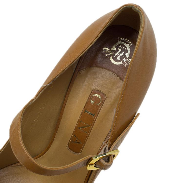 Pre Owned Gina Brown Leather Mary Jane Platform Pumps Size 38.5