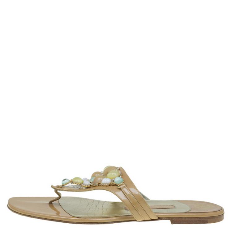 Pre Owned Gina Beige Patent Jewel Embellished Flat Sandals Size 38