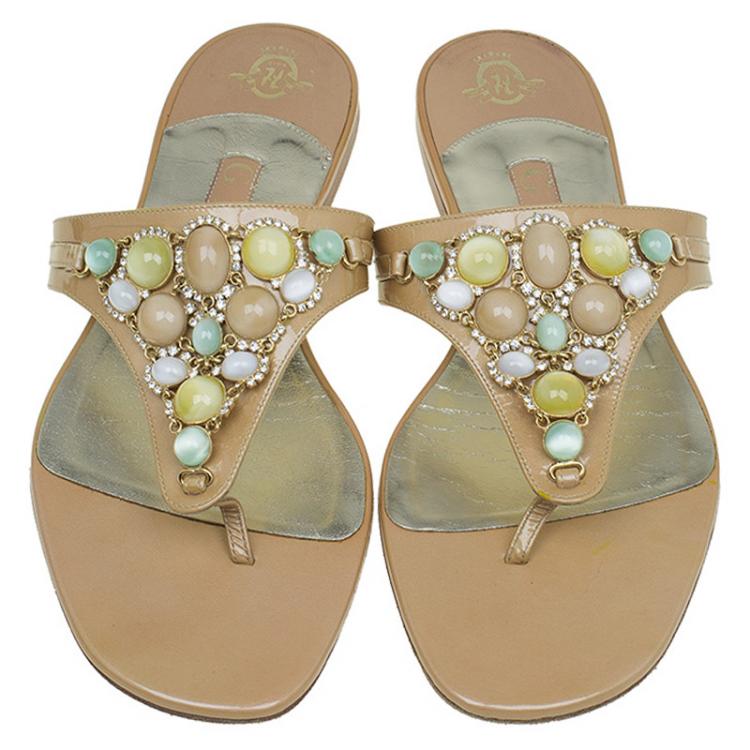 Pre Owned Gina Beige Patent Jewel Embellished Flat Sandals Size 38