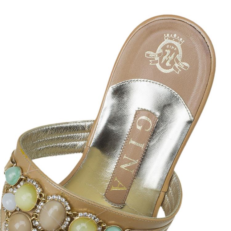 Pre Owned Gina Beige Patent Jewel Embellished Flat Sandals Size 38