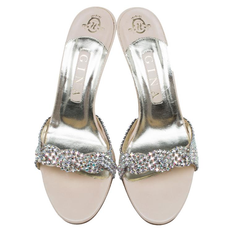 Pre Owned Gina Beige Leather Crystal Embellished Sandals Size 39
