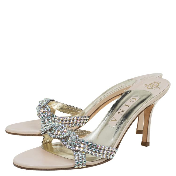 Pre Owned Gina Beige Leather Crystal Embellished Sandals Size 39