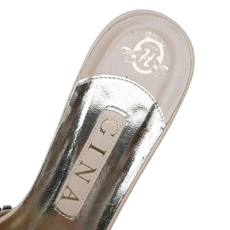 Pre Owned Gina Beige Leather Crystal Embellished Sandals Size 39