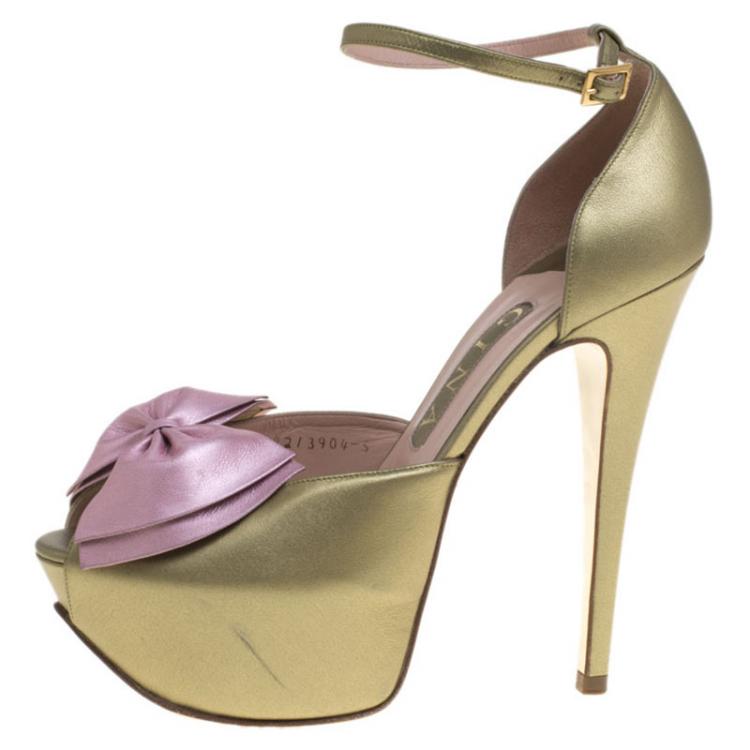 Pre Owned Gina Two Tone Metallic Leather Bow Detail Platform Ankle Strap Sandals Size 38