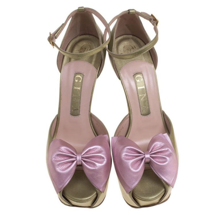 Pre Owned Gina Two Tone Metallic Leather Bow Detail Platform Ankle Strap Sandals Size 38