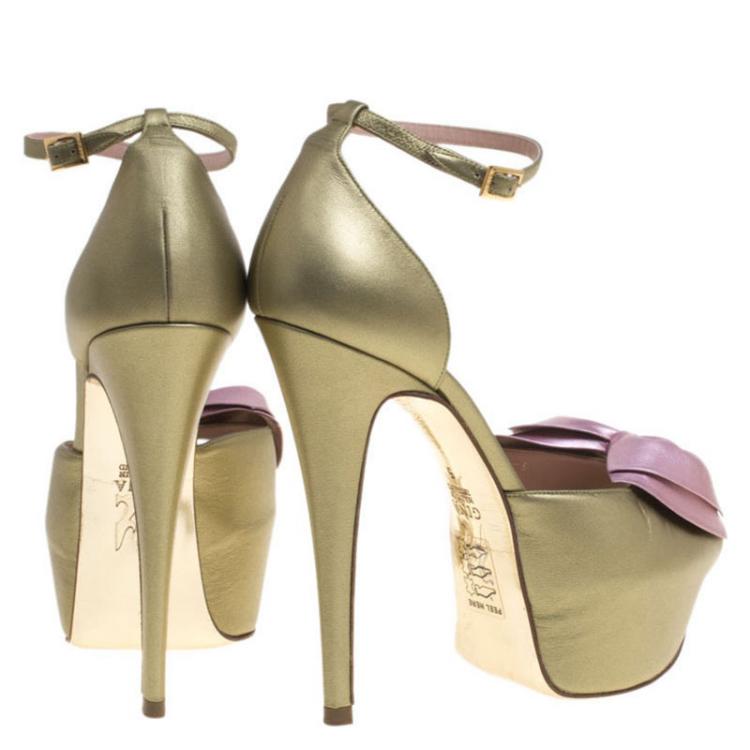 Pre Owned Gina Two Tone Metallic Leather Bow Detail Platform Ankle Strap Sandals Size 38