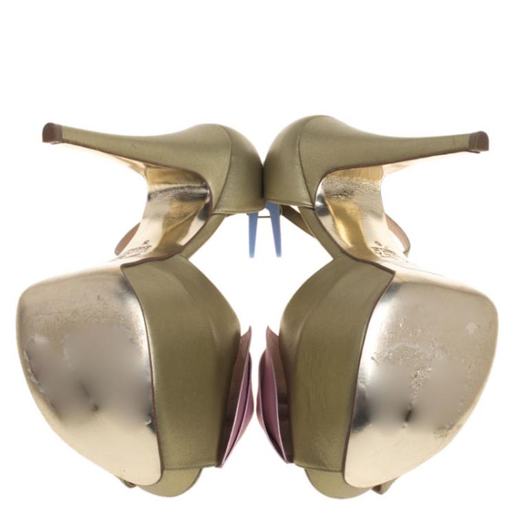 Pre Owned Gina Two Tone Metallic Leather Bow Detail Platform Ankle Strap Sandals Size 38