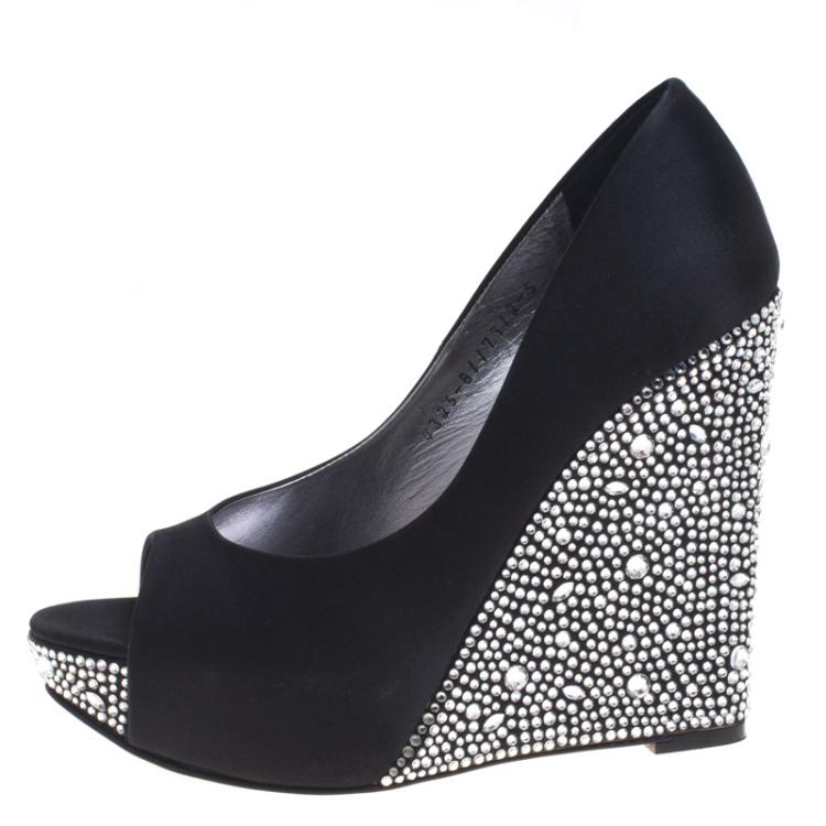 Pre Owned Gina Black Crystal Embellished Satin Belle Open Toe Wedge Pumps Size 38