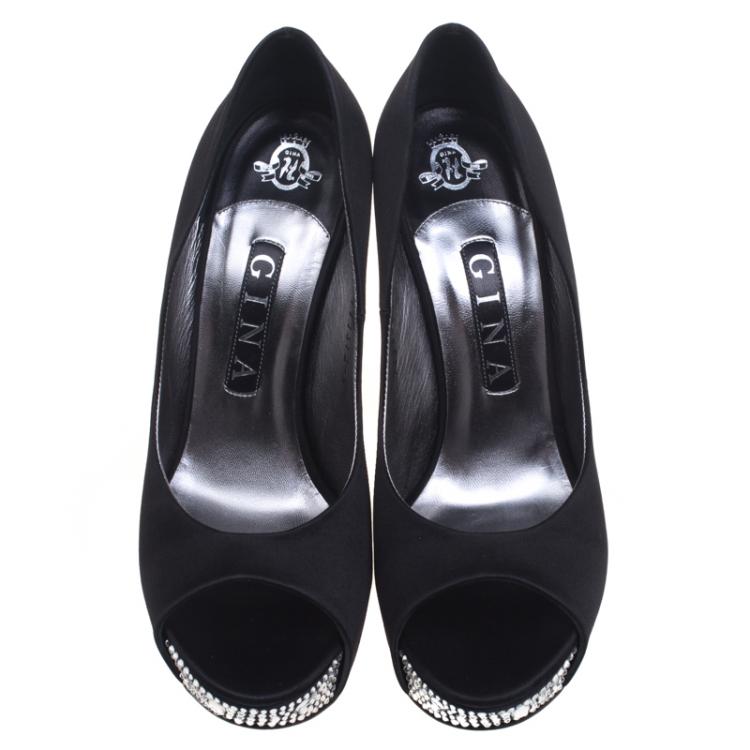 Pre Owned Gina Black Crystal Embellished Satin Belle Open Toe Wedge Pumps Size 38