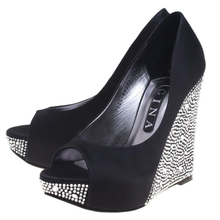 Pre Owned Gina Black Crystal Embellished Satin Belle Open Toe Wedge Pumps Size 38