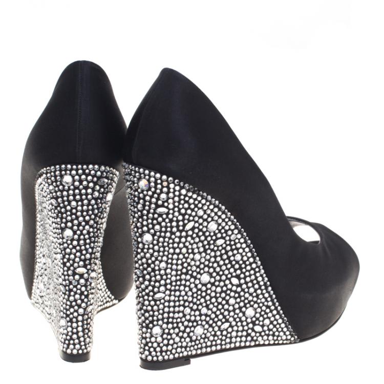Pre Owned Gina Black Crystal Embellished Satin Belle Open Toe Wedge Pumps Size 38