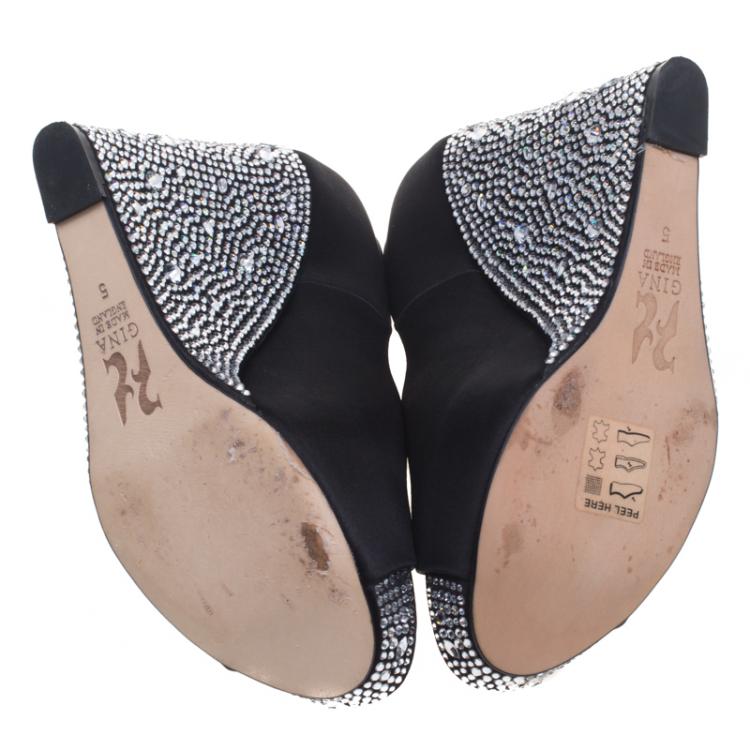 Pre Owned Gina Black Crystal Embellished Satin Belle Open Toe Wedge Pumps Size 38