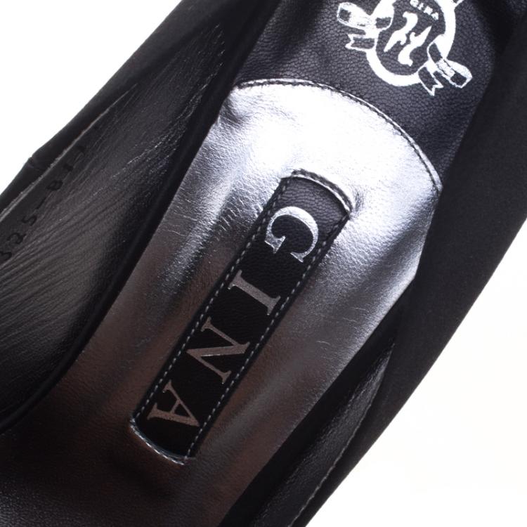 Pre Owned Gina Black Crystal Embellished Satin Belle Open Toe Wedge Pumps Size 38