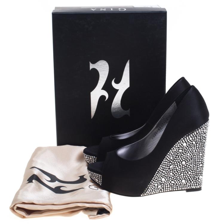 Pre Owned Gina Black Crystal Embellished Satin Belle Open Toe Wedge Pumps Size 38