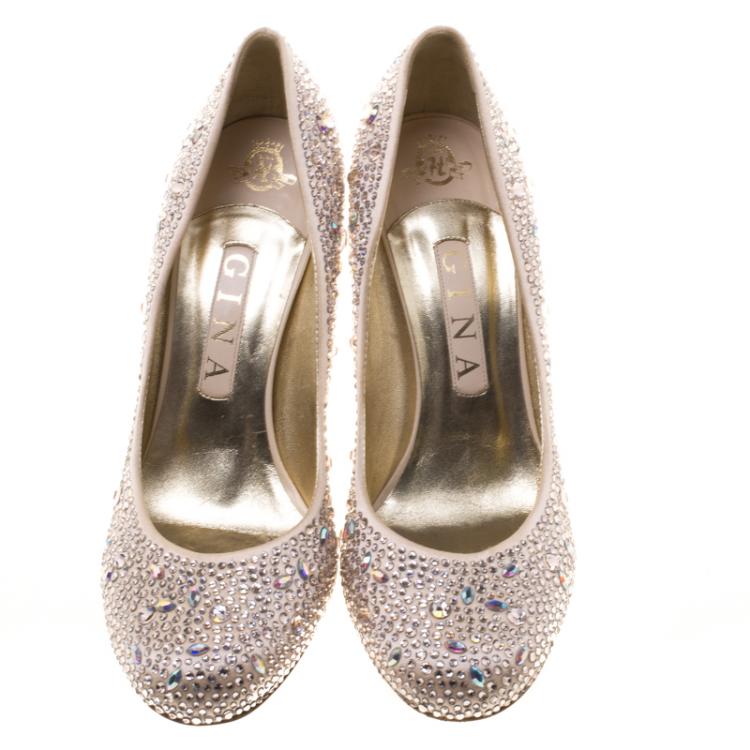 Pre Owned Gina Blush Pink Crystal Embellished Satin Pumps Size 39