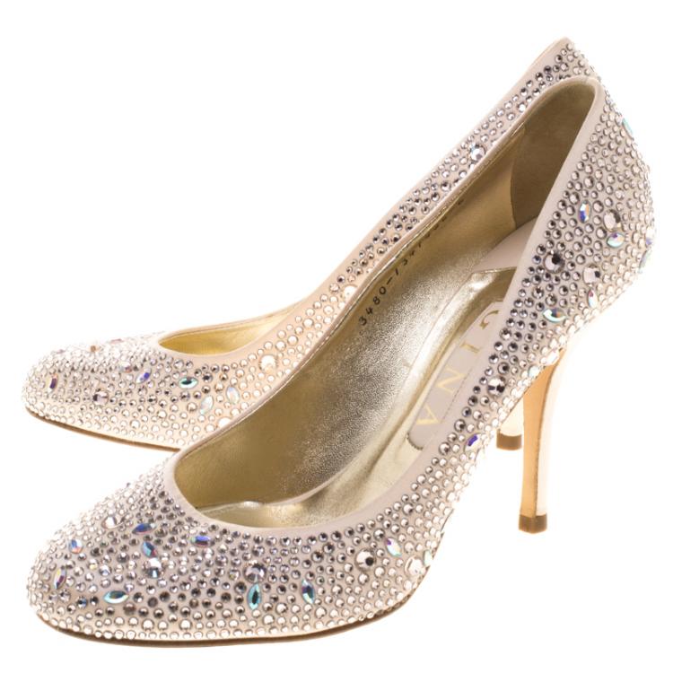 Pre Owned Gina Blush Pink Crystal Embellished Satin Pumps Size 39