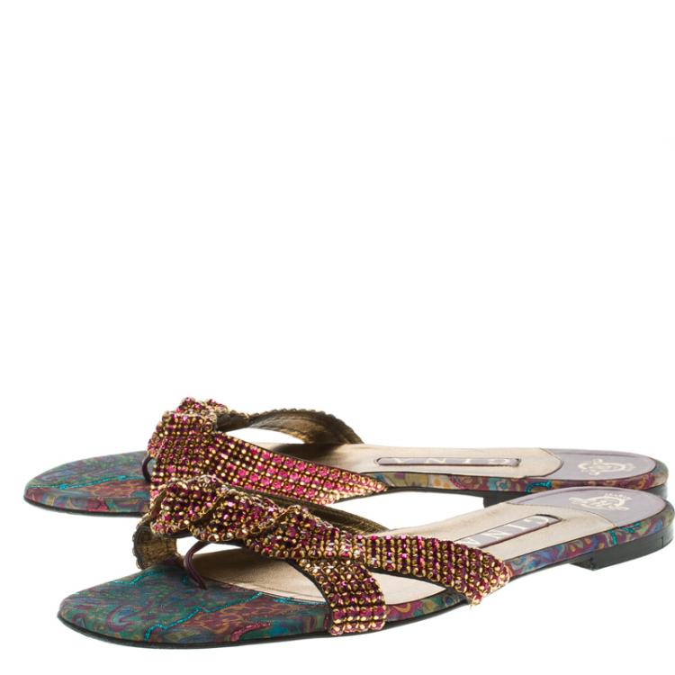 Pre Owned Gina Purple Crystal Embellished Leather Flat Slides Size 39.5