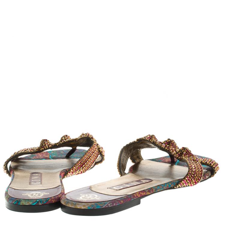 Pre Owned Gina Purple Crystal Embellished Leather Flat Slides Size 39.5