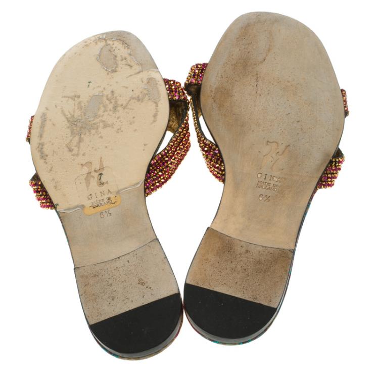 Pre Owned Gina Purple Crystal Embellished Leather Flat Slides Size 39.5