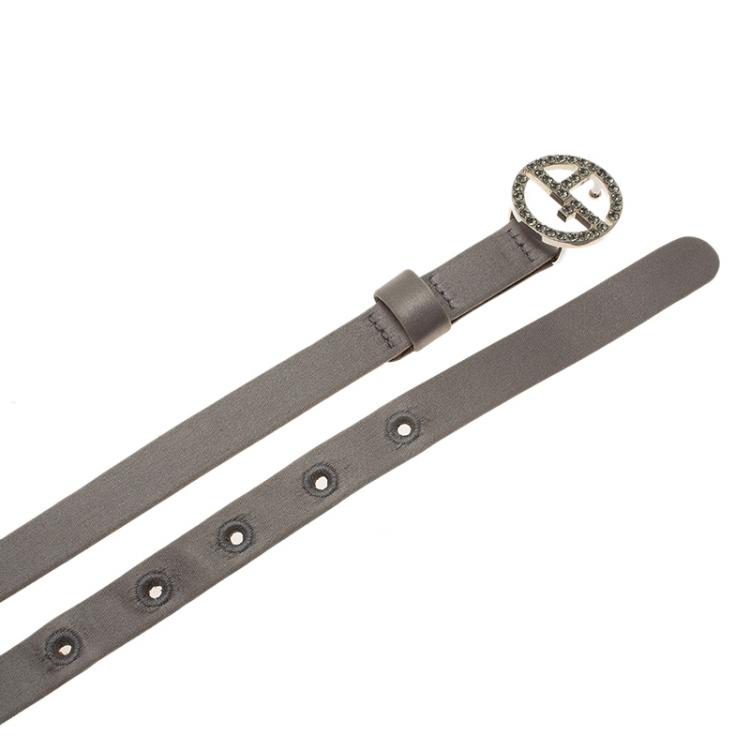 Pre Owned Giorgio Armani Grey Satin Embellished Logo Buckle Belt Size 46