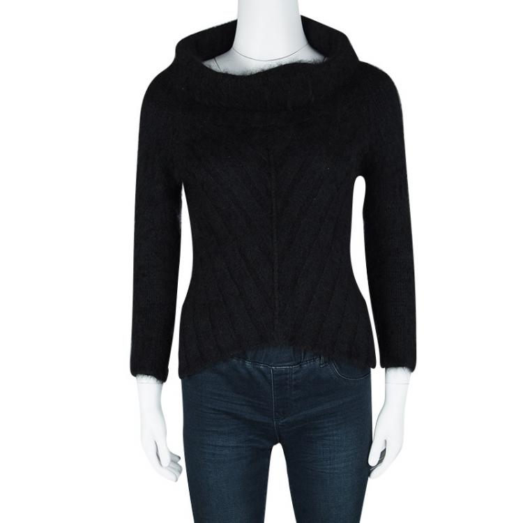 Pre Owned Giorgio Armani Black Angora Hair Turtle Neck Cropped Fuzzy Sweater S