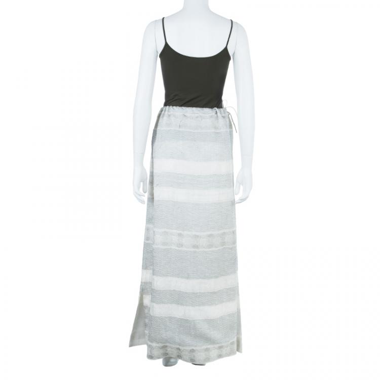 Pre Owned Giorgio Armani White Gray Organza Maxi Skirt S