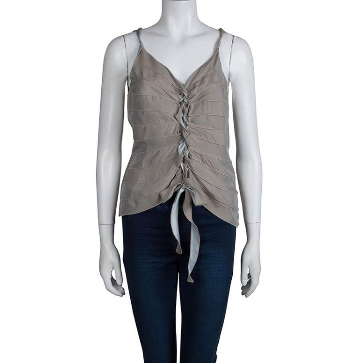 Pre Owned Giorgio Armani Beige Silk Sleeveless Tie Up Top  S