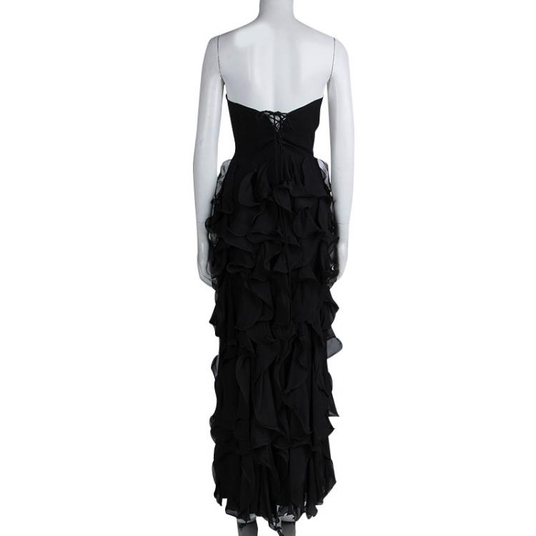 Pre Owned Giorgio Armani Black Silk Ruffle Detail Strapless Maxi Dress M