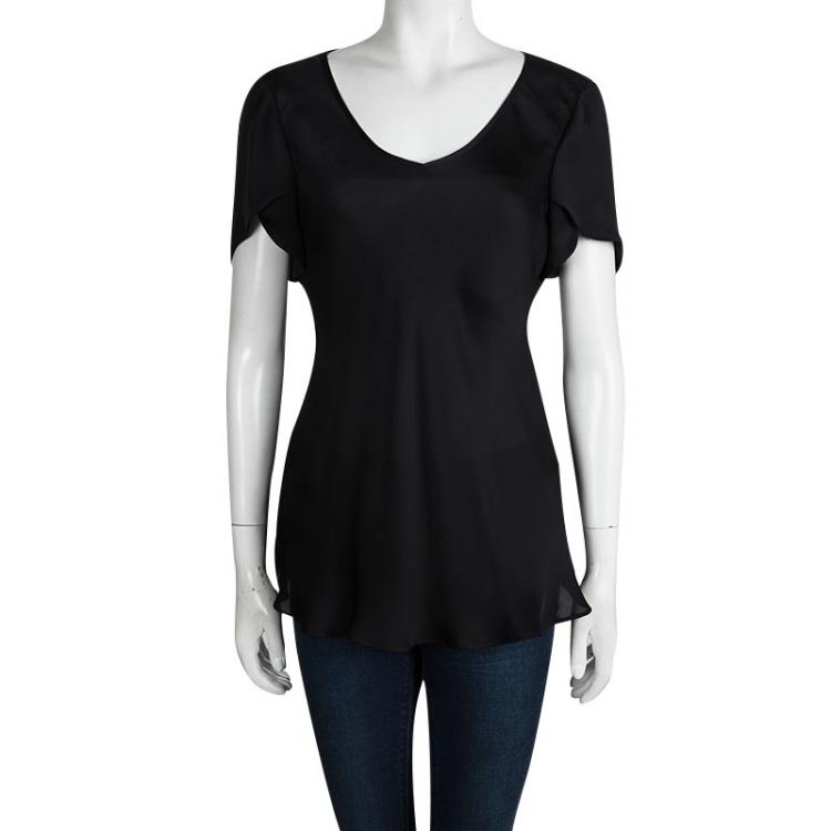 Pre Owned Giorgio Armani Black Silk Short Sleeve V -Neck Top L