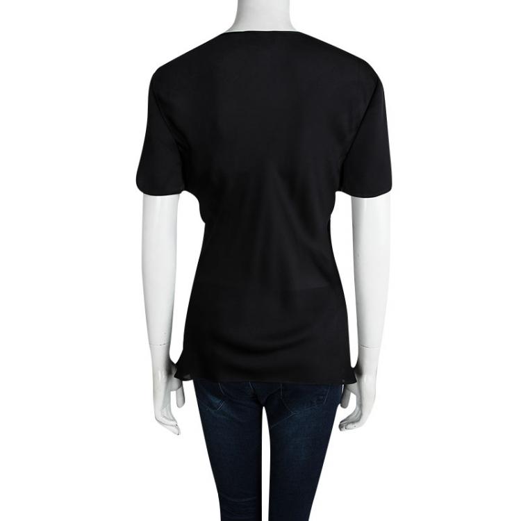 Pre Owned Giorgio Armani Black Silk Short Sleeve V -Neck Top L